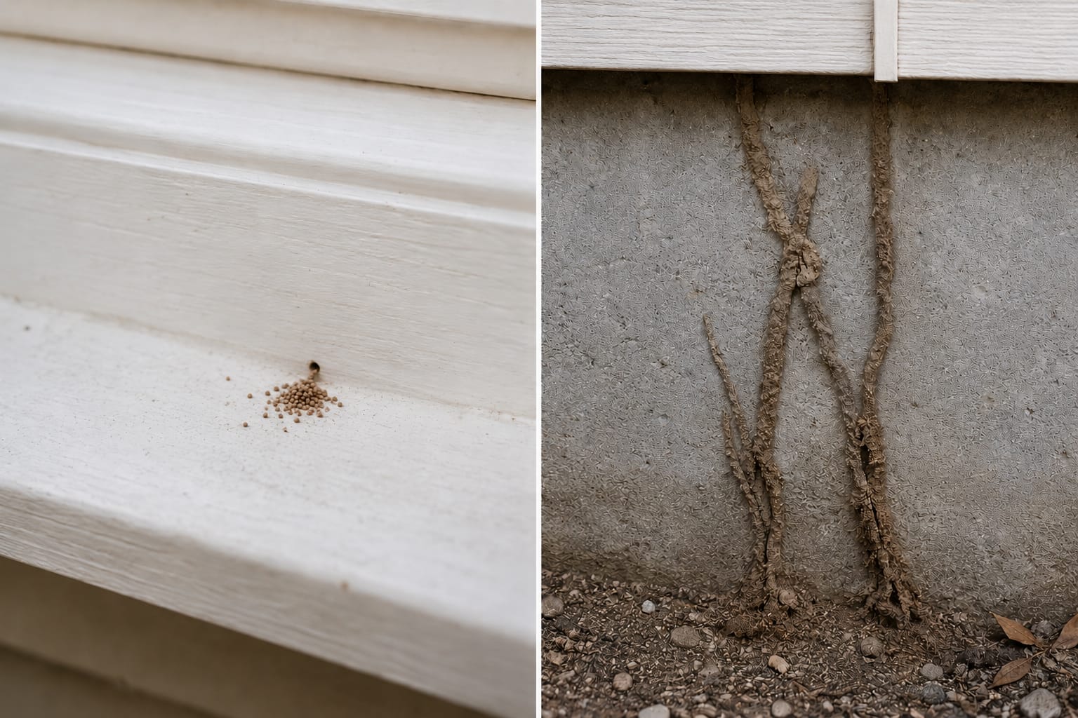 Side-by-side comparison of Southern California termite evidence — drywood termite frass pellets piled beneath infested wood on the left, and subterranean termite mud tubes climbing a home foundation wall on the right