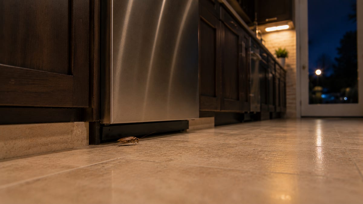 German cockroach on a Southern California kitchen floor at night, by the base of the cabinets and dishwasher — the most common indoor cockroach species in the LA Basin