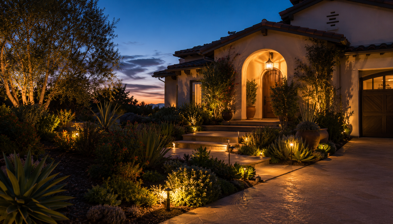 A Southern California home at summer twilight with a glowing entry light and landscape lighting — the warm early-summer evenings when June bugs are most active