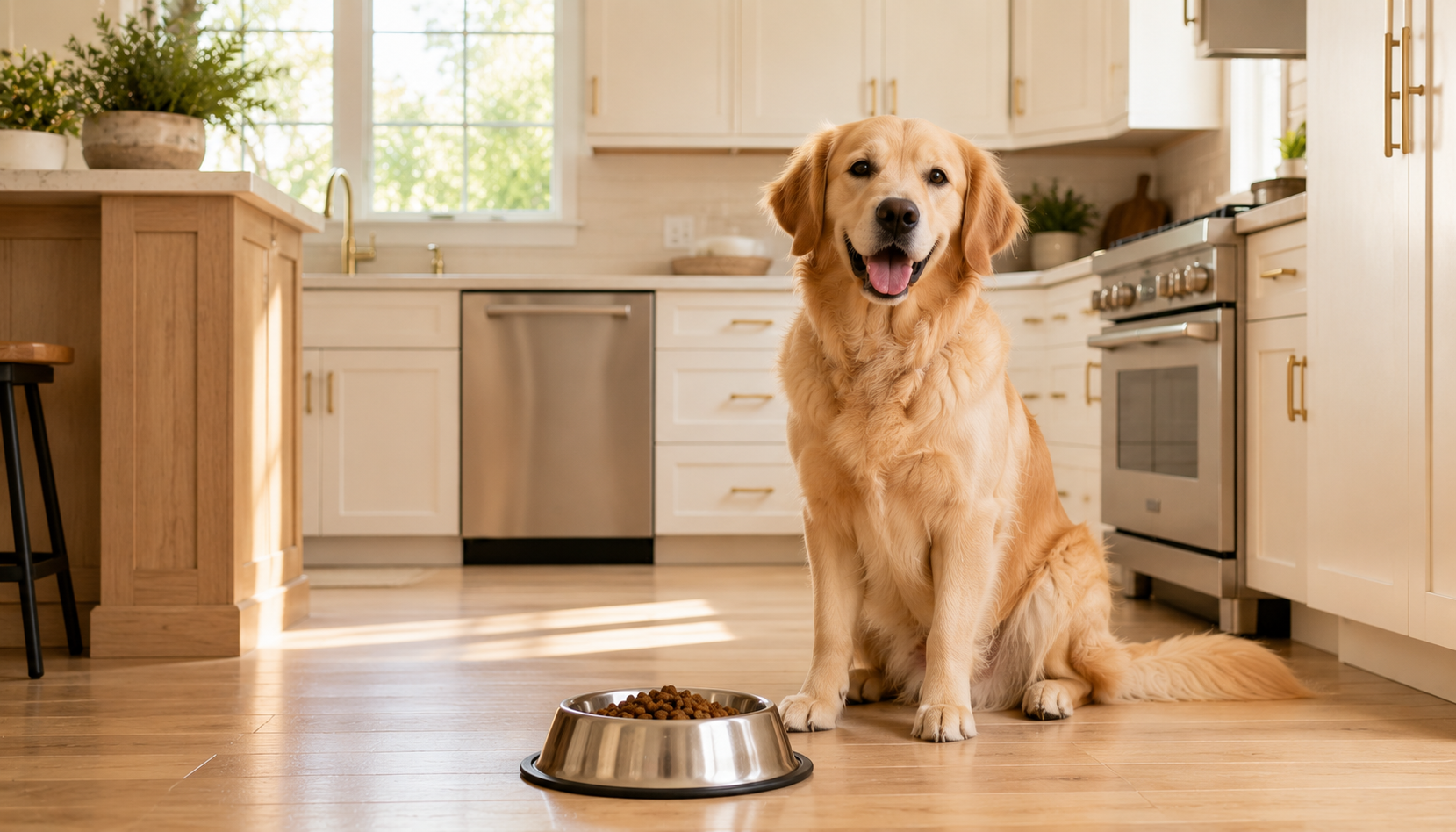 A happy dog sitting beside its food bowl in a clean, bright Southern California kitchen — keeping pet food and feeding areas pest-free year-round